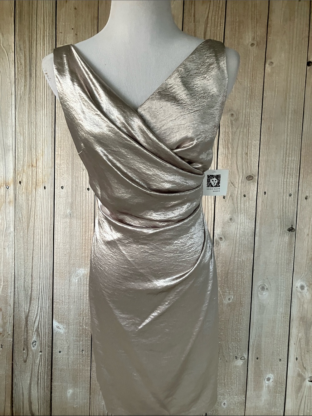 Anne Klein Metallic Champagne Draped Midi Dress